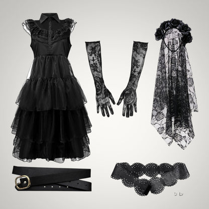 Ella | Women's Gothic Ghost Bride Halloween Costume with Veil and Tiered Dress