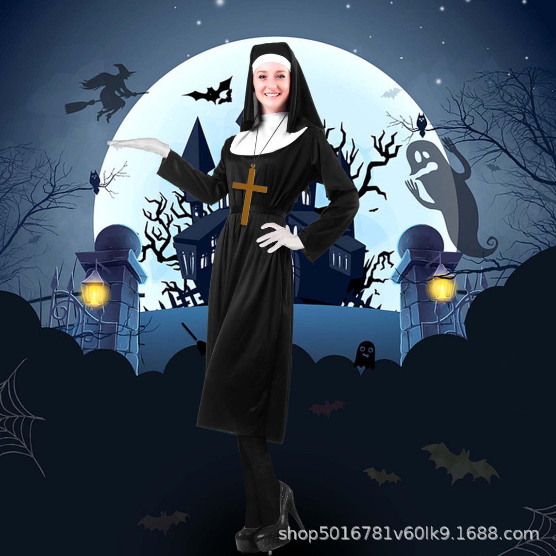 Sierra | Women's Nun Halloween Costume with Habit, Headscarf and Cross
