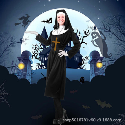 Sierra | Women's Nun Halloween Costume with Habit, Headscarf and Cross