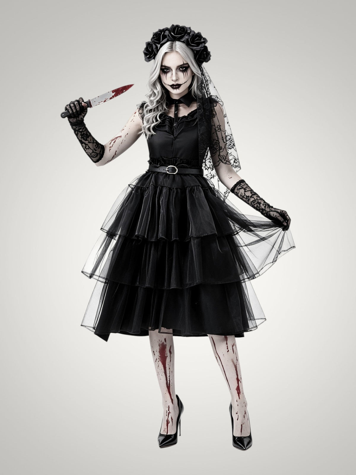 Ella | Women's Gothic Ghost Bride Halloween Costume with Veil and Tiered Dress