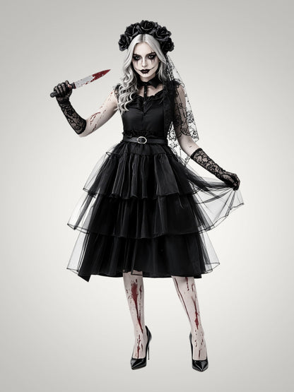Ella | Women's Gothic Ghost Bride Halloween Costume with Veil and Tiered Dress