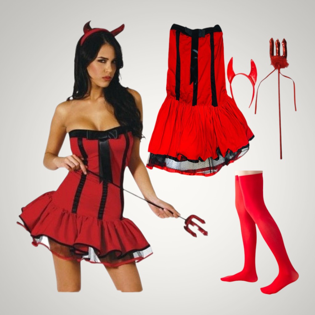 Autumn | Women's Devil Halloween Costume with Horns and Red Corset Dress