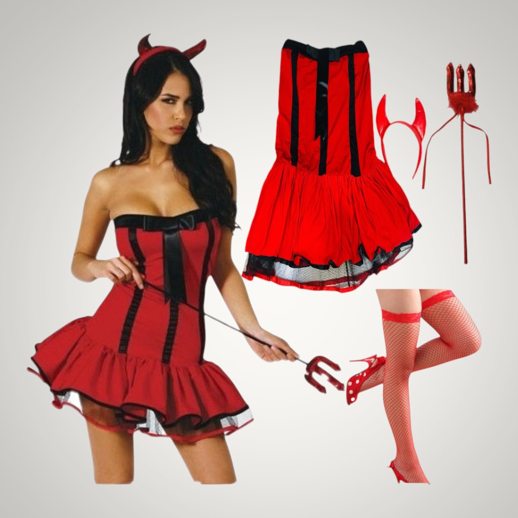 Autumn | Women's Devil Halloween Costume with Horns and Red Corset Dress
