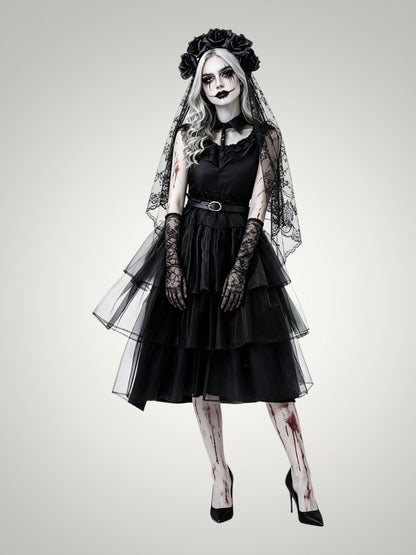 Ella | Women's Gothic Ghost Bride Halloween Costume with Veil and Tiered Dress