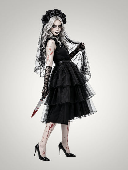 Ella | Women's Gothic Ghost Bride Halloween Costume with Veil and Tiered Dress