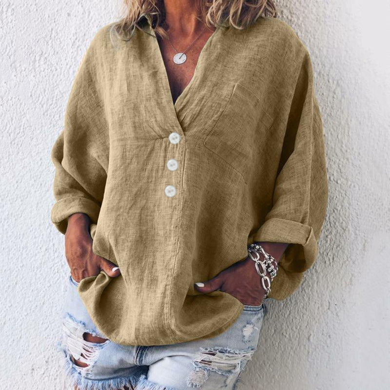 Olive | Women’s Summer V-Neck Linen Blouse