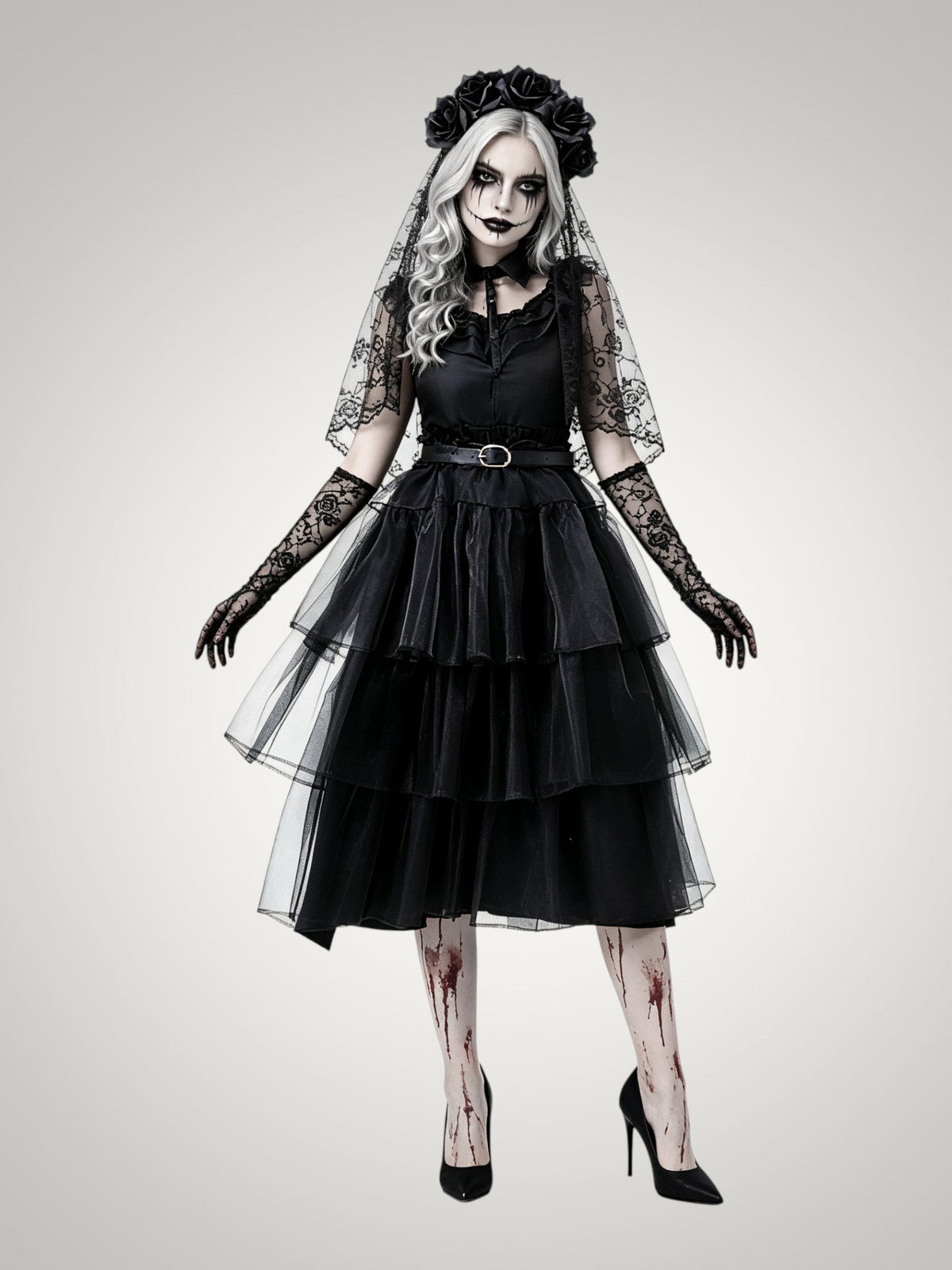 Ella | Women's Gothic Ghost Bride Halloween Costume with Veil and Tiered Dress