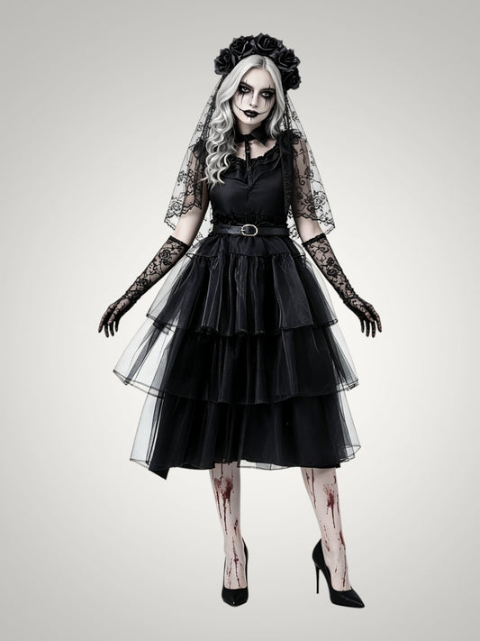 Ella | Women's Gothic Ghost Bride Halloween Costume with Veil and Tiered Dress