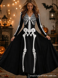 Women's Maxi Halloween Skeleton Dress with Long Sleeves