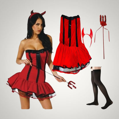 Autumn | Women's Devil Halloween Costume with Horns and Red Corset Dress