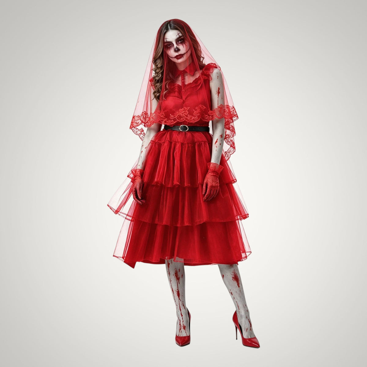 Wren | Women's Gothic Bloody Zombie Bride Halloween Costume with Veil and Tiered Dress