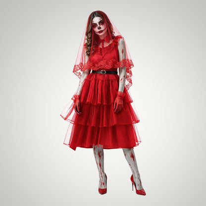 Wren | Women's Gothic Bloody Zombie Bride Halloween Costume with Veil and Tiered Dress