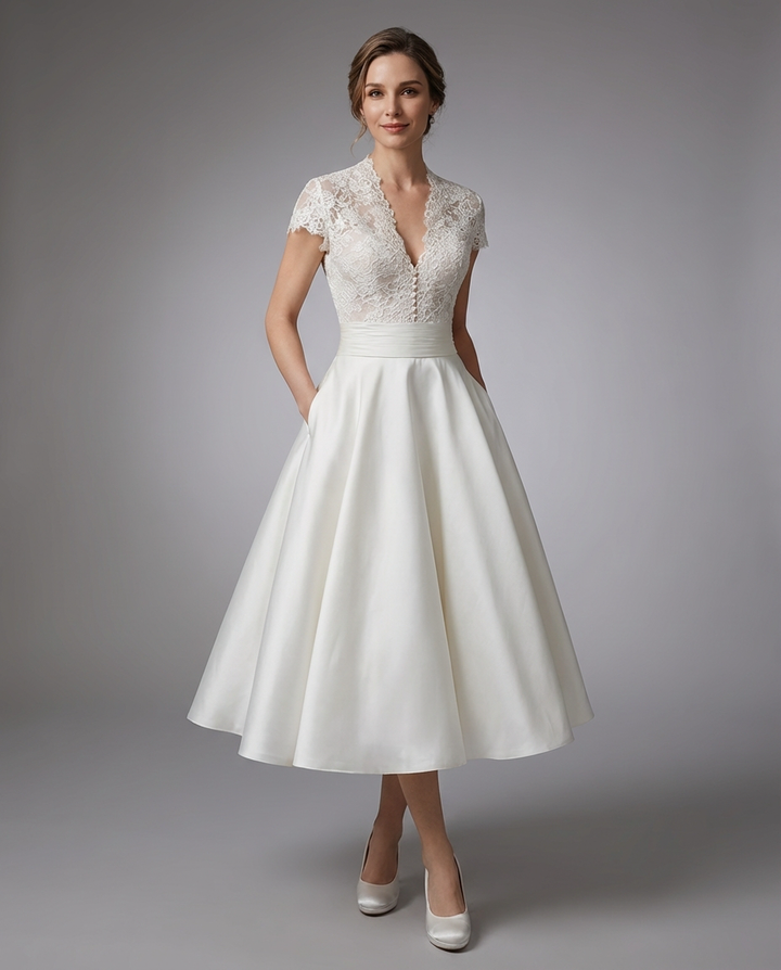 Sophia | Women’s V-Neck Lace Midi Wedding Guest Dress