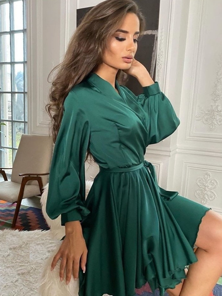 Yamina | Women’s Tie Waist Satin Midi Dress