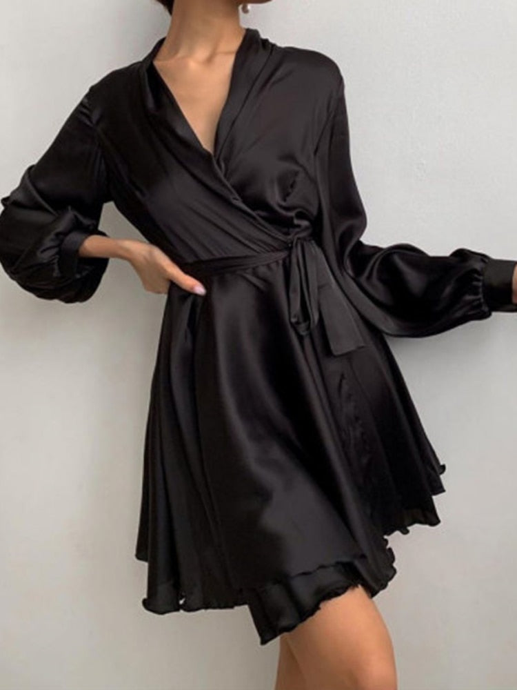 Yamina | Women’s Tie Waist Satin Midi Dress