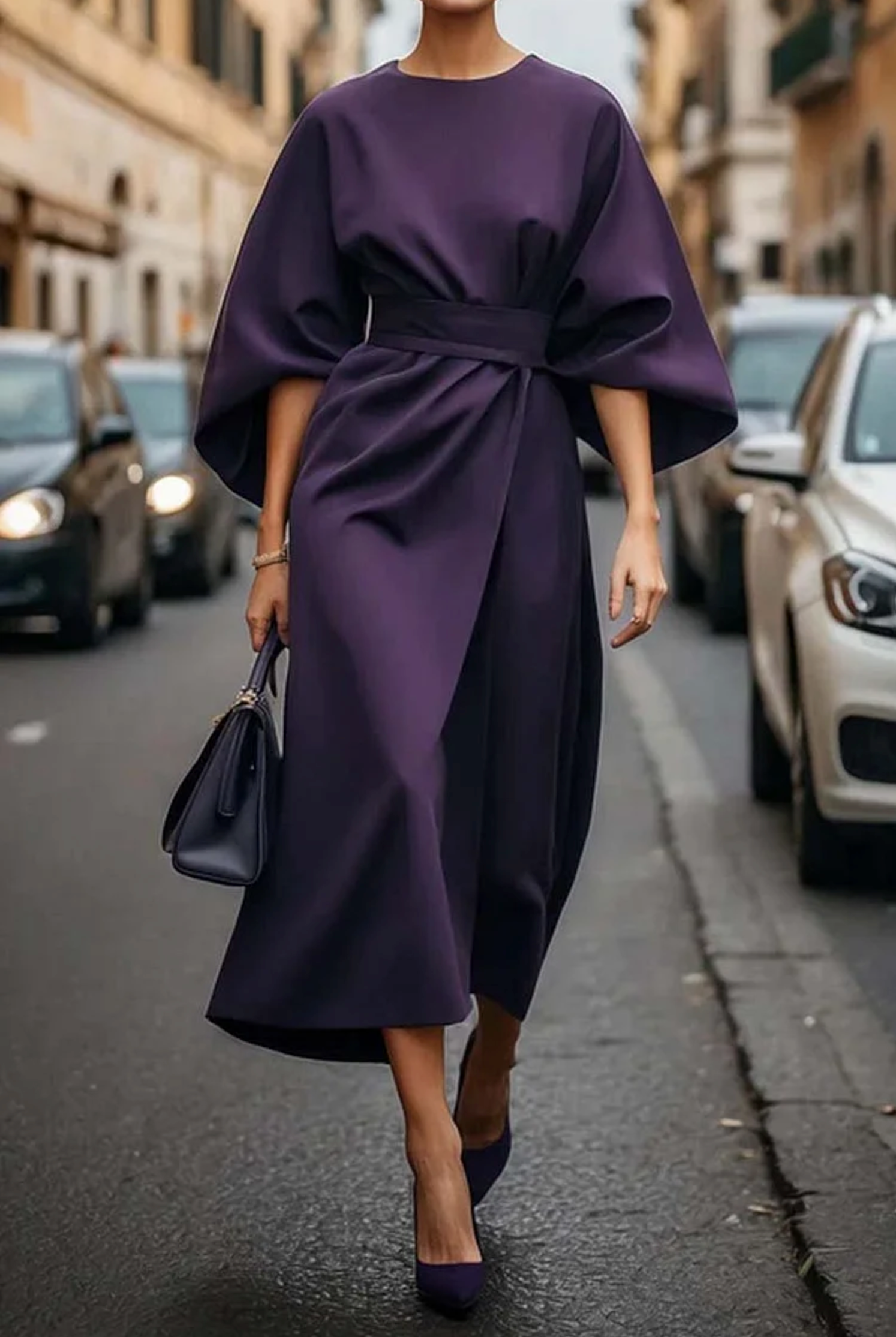 Adria | Women's Elegant Wide Sleeve Belted Midi Dress