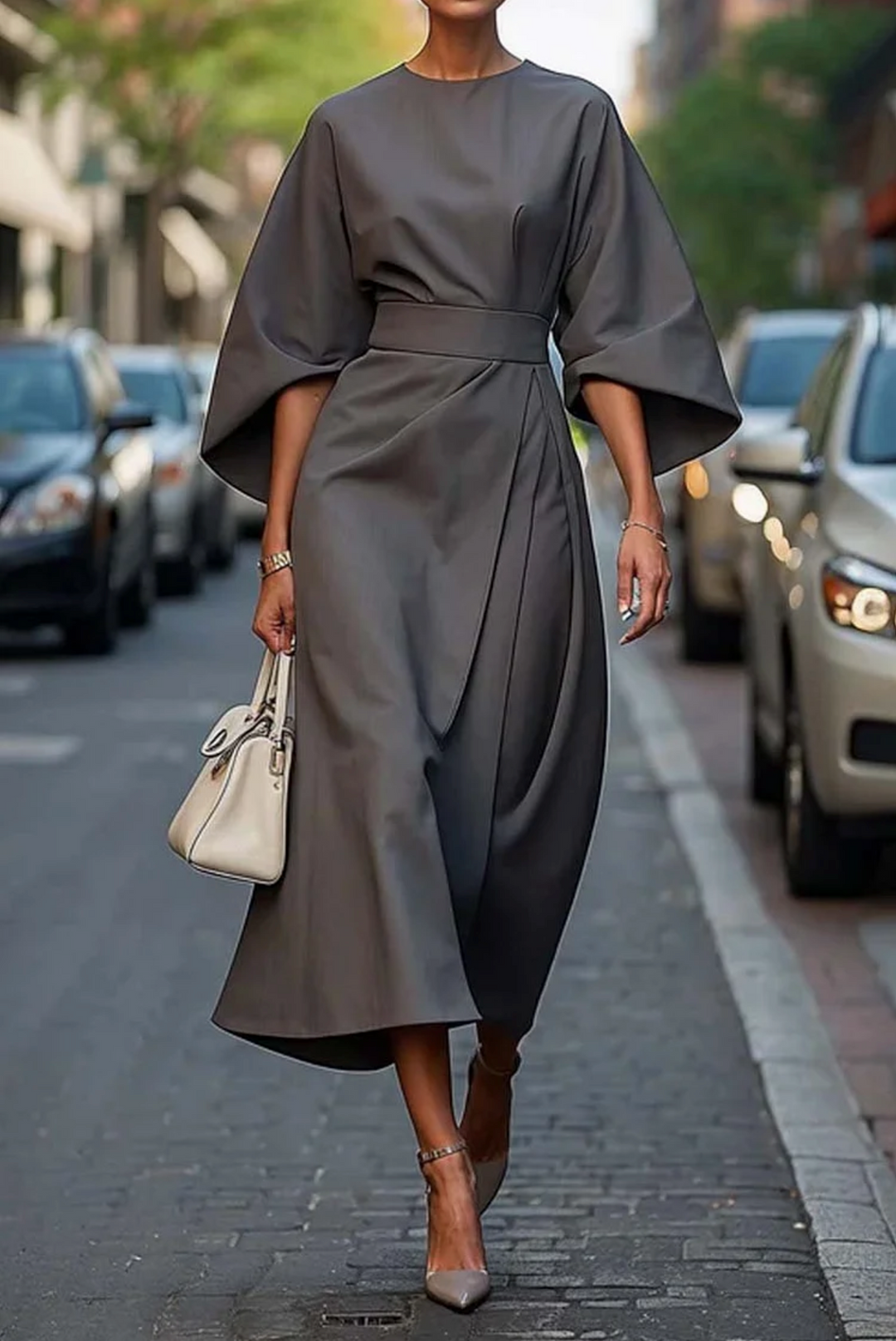 Adria | Women's Elegant Wide Sleeve Belted Midi Dress