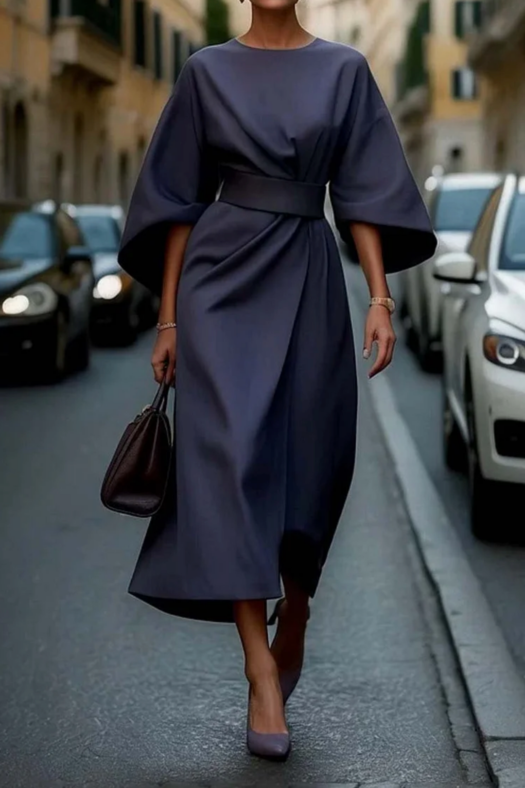 Adria | Women's Elegant Wide Sleeve Belted Midi Dress