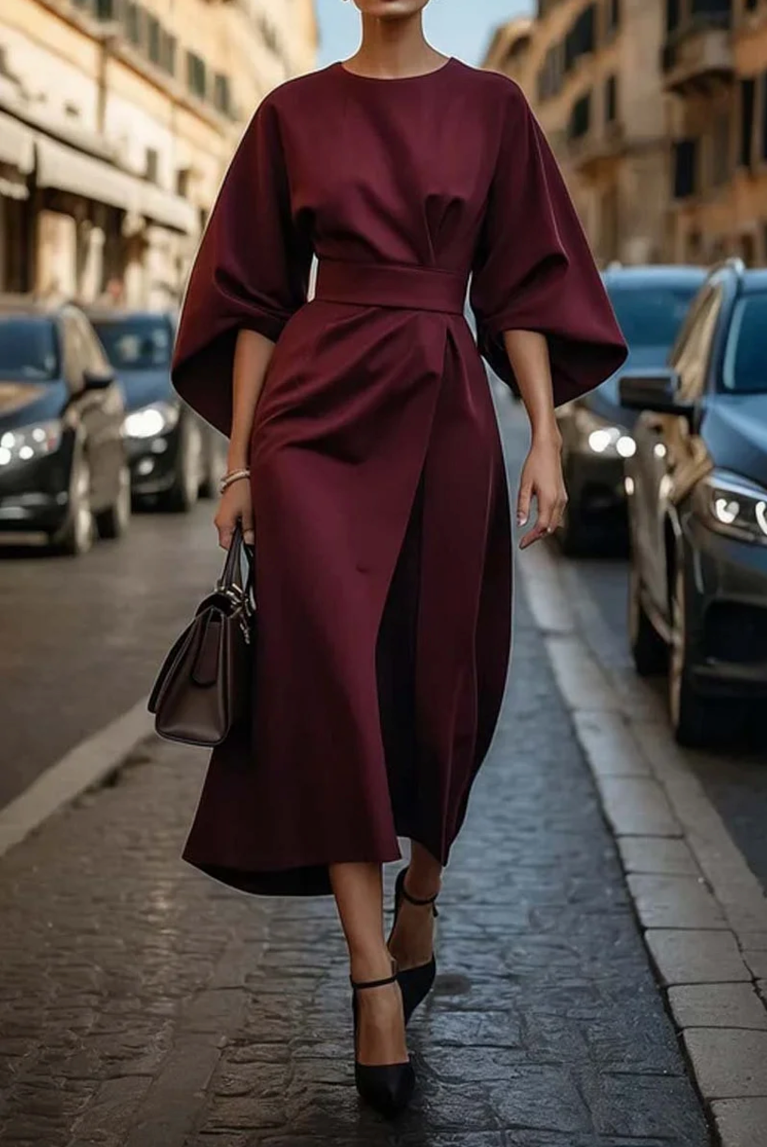 Adria | Women's Elegant Wide Sleeve Belted Midi Dress