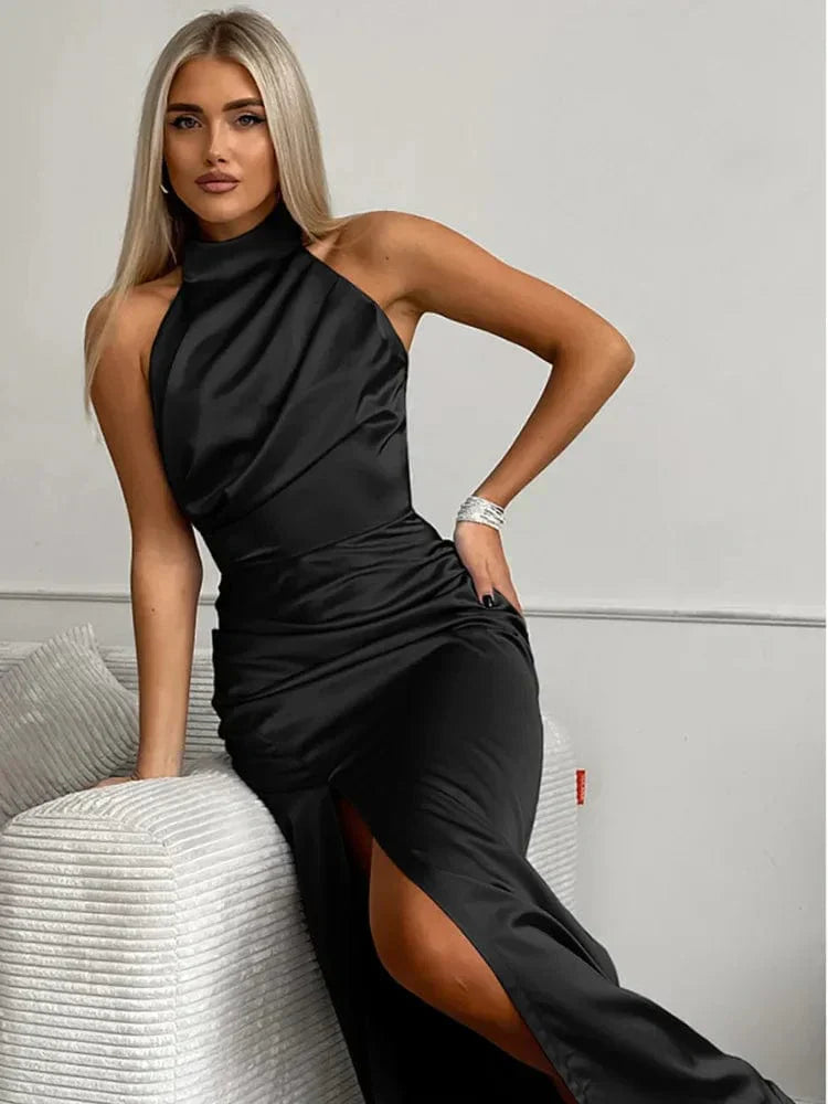 Rania | Women’s Satin Halter Neck Dress