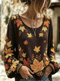 Charlotte | Women's Halloween Dark Brown Maple Leaf Pumpkin Blouse with Long Sleeves