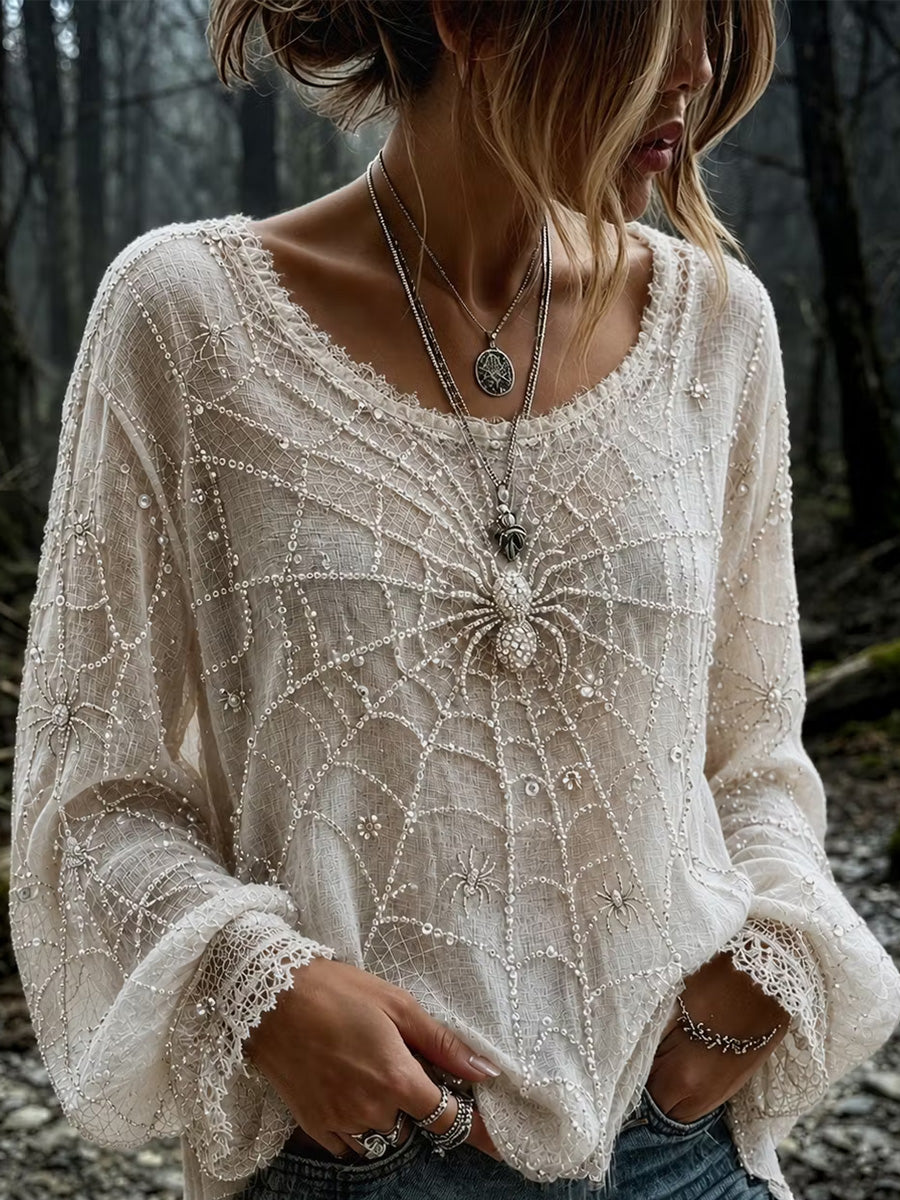 Violet | Women's Halloween Off White Spider Web Long Sleeve Blouse