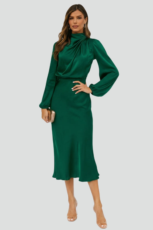 Sabine | Women’s Elegant Tie Waist Satin Midi Dress