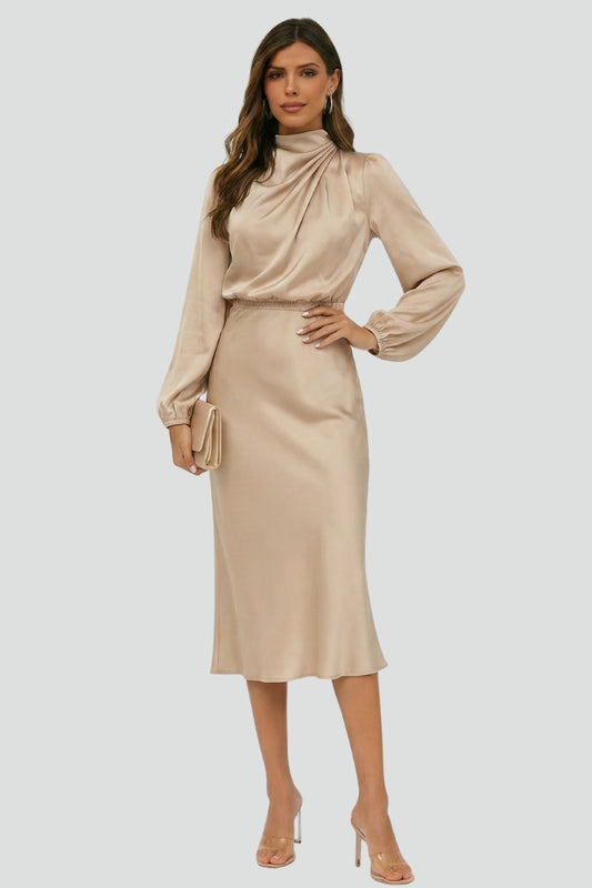 Sabine | Women’s Elegant Tie Waist Satin Midi Dress
