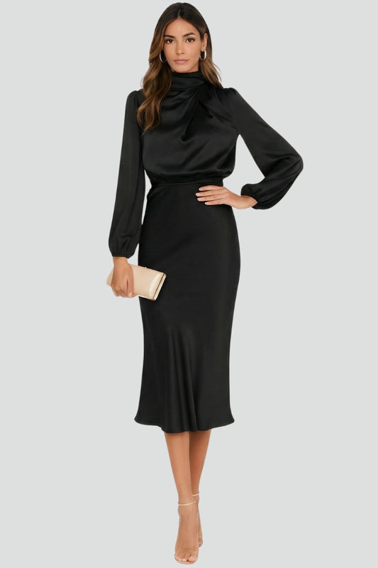 Sabine | Women’s Elegant Tie Waist Satin Midi Dress