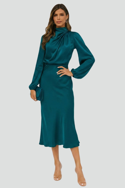 Sabine | Women’s Elegant Tie Waist Satin Midi Dress