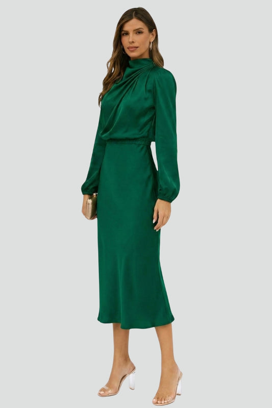 Sabine | Women’s Elegant Tie Waist Satin Midi Dress
