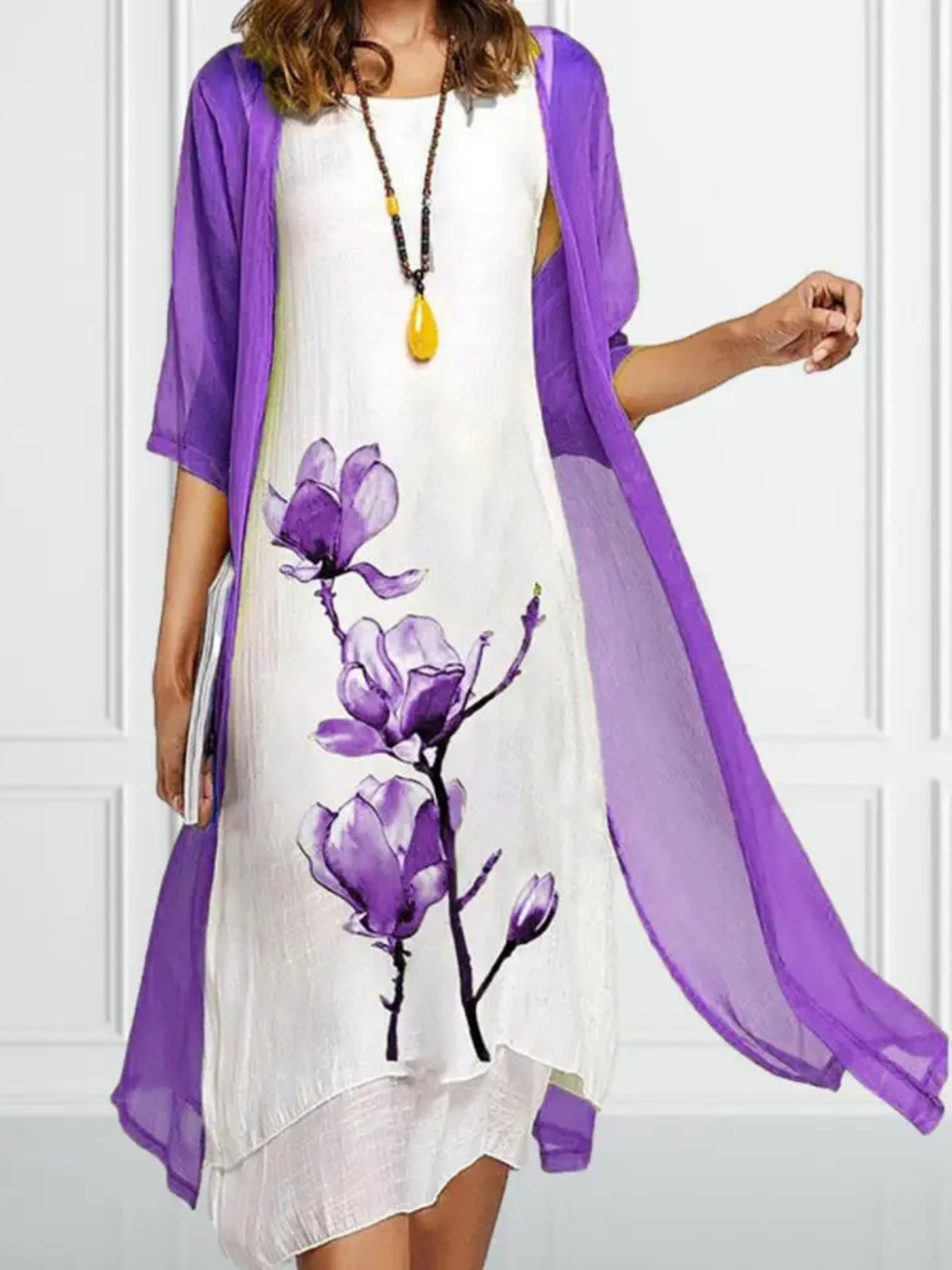 Elina | Women's Layered Sleeveless Midi Dress With Chiffon Cardigan Set