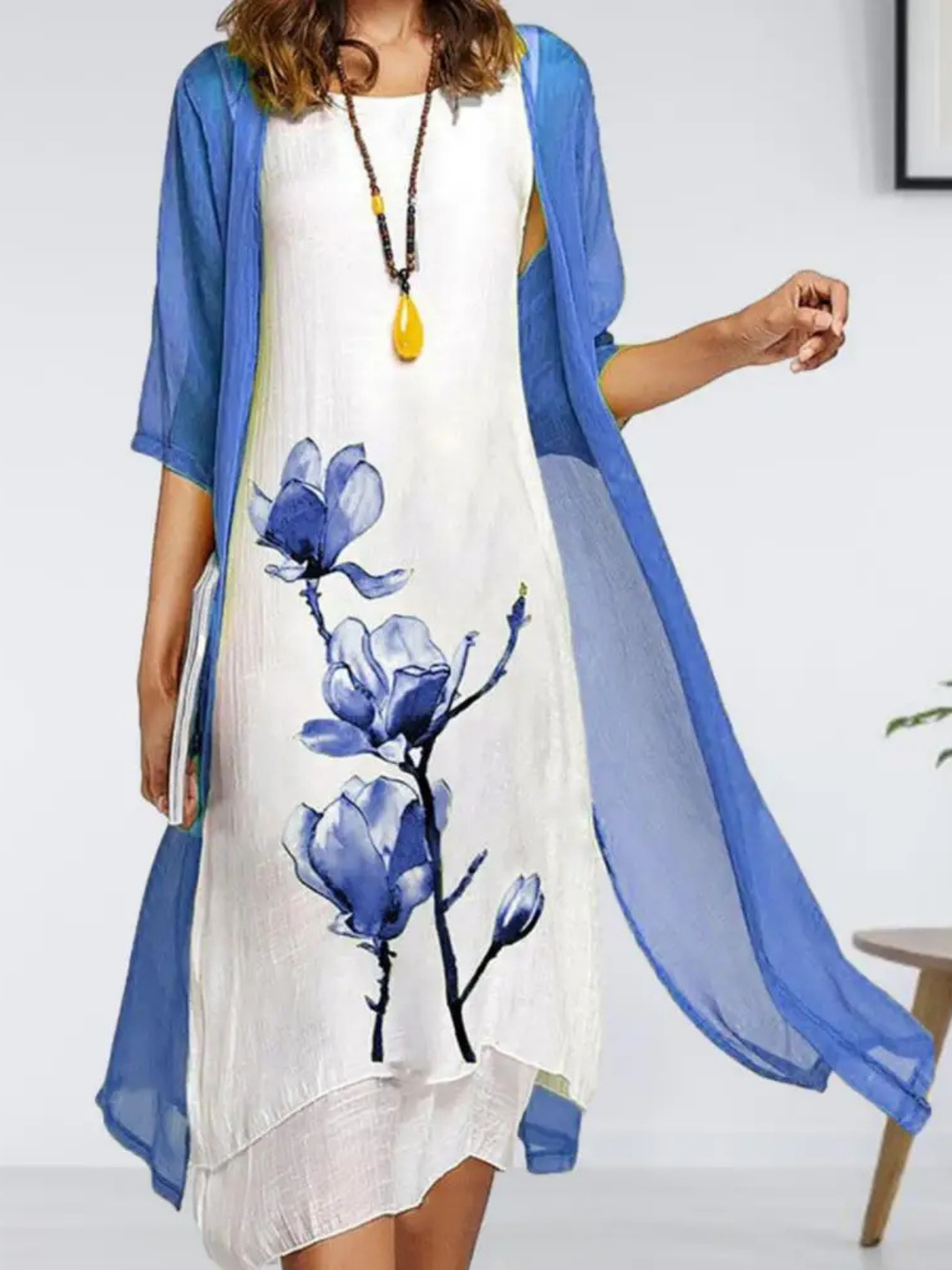 Elina | Women's Layered Sleeveless Midi Dress With Chiffon Cardigan Set