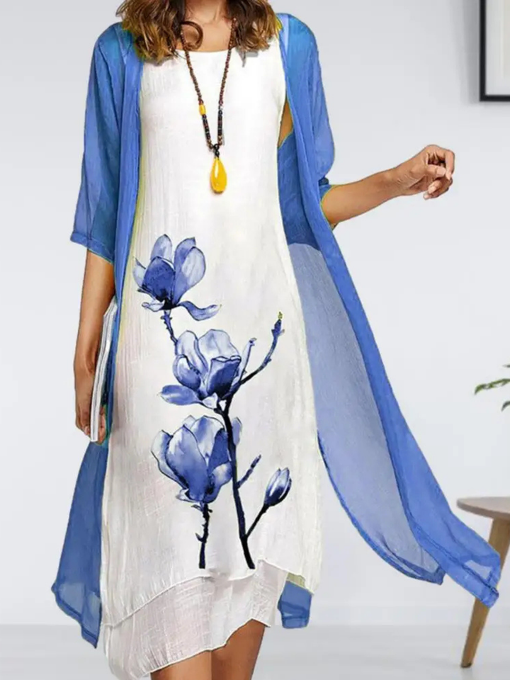 Elina | Women's Layered Sleeveless Midi Dress With Chiffon Cardigan Set
