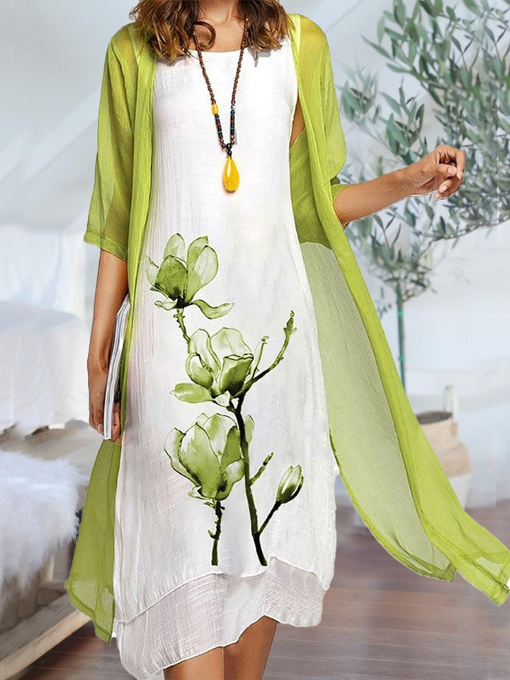 Elina | Women's Layered Sleeveless Midi Dress With Chiffon Cardigan Set