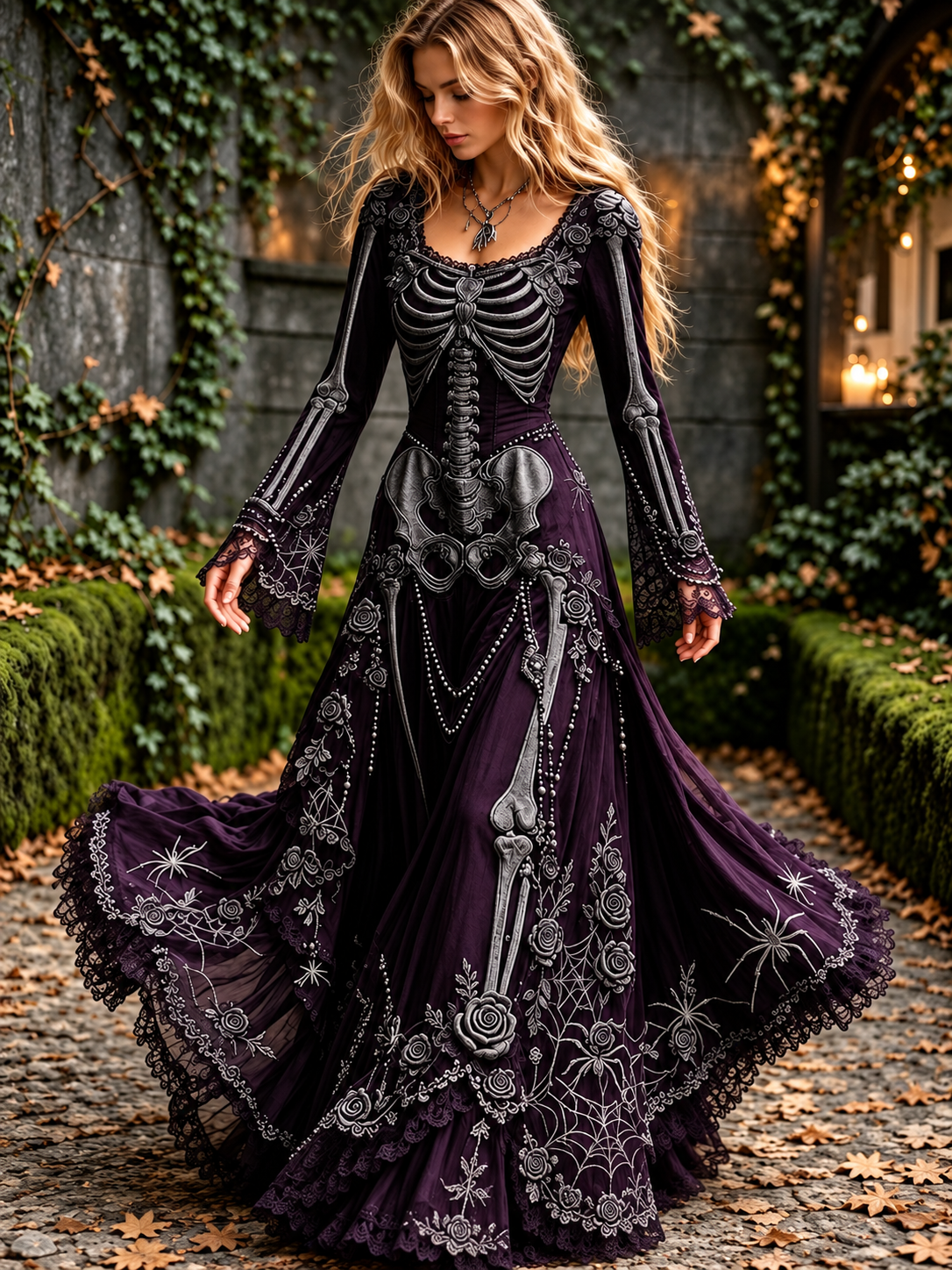 Women's Halloween Skeleton Print Maxi Dress