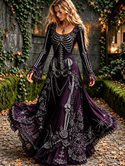 Women's Halloween Skeleton Print Maxi Dress