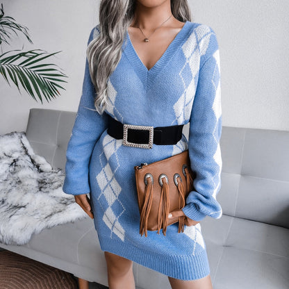 Aoife | Women's Printed Knit V-Neck Jumper Dress