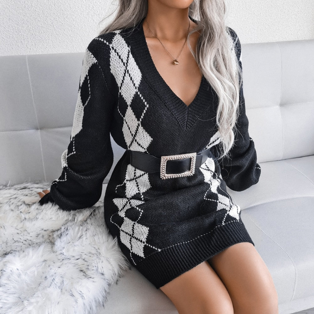 Aoife | Women's Printed Knit V-Neck Jumper Dress