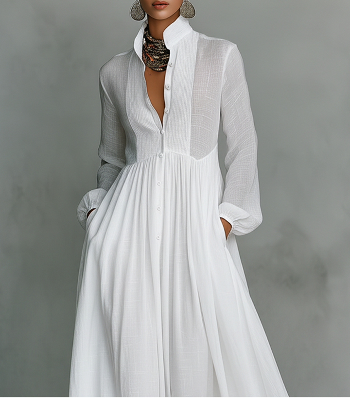 Renee | Women’s Stand Collar Linen Maxi Dress