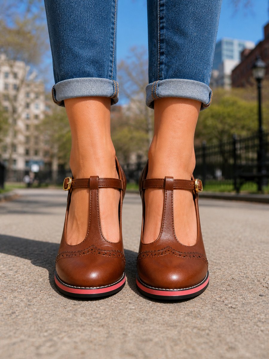 Blair | Women's Brogue Block Heel T-Bar Boots