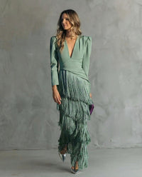 Luna | Women's Festive V-Neck Fringe Midi Dress