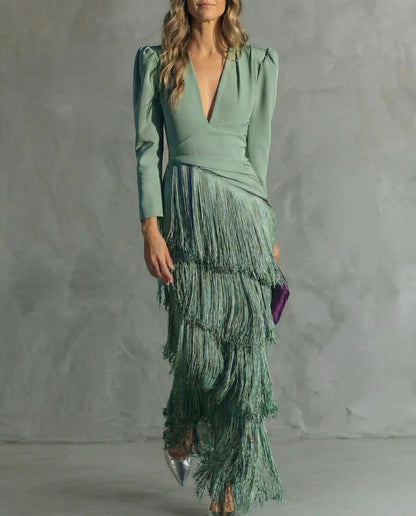Luna | Women's Festive V-Neck Fringe Midi Dress