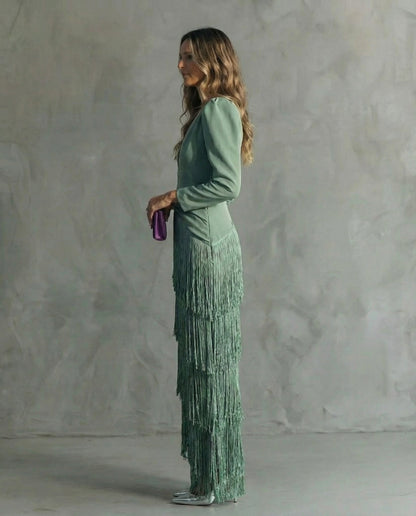Luna | Women's Festive V-Neck Fringe Midi Dress