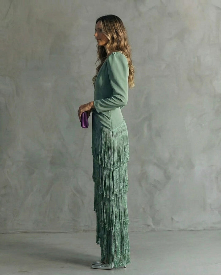 Luna | Women's Festive V-Neck Fringe Midi Dress