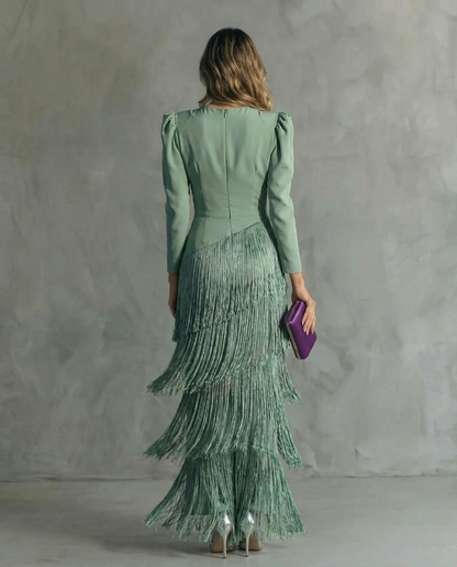 Luna | Women's Festive V-Neck Fringe Midi Dress