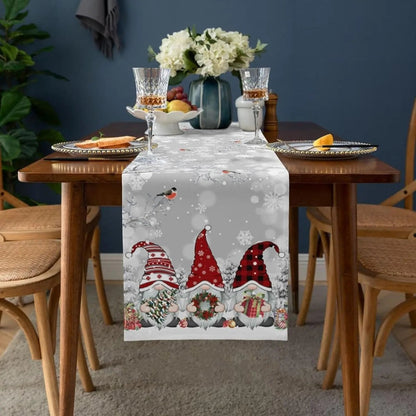 Christmas Table Runner with Gnome Print Snowflakes