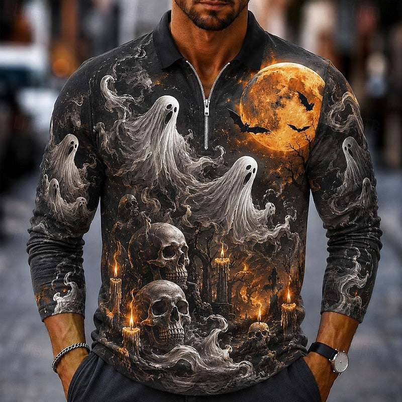 Ethan | Men's Halloween Quarter Zip Long-Sleeve Polo Shirt with Graphic Print