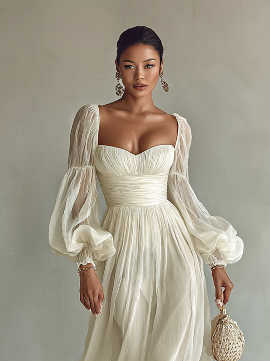 Maya | Women's Square Neck Long Sleeve Waist Maxi Dress