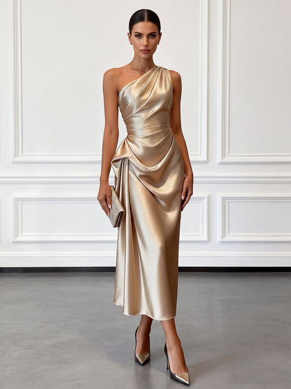 Ellie | Women's Ruched One Shoulder Satin Party Dress